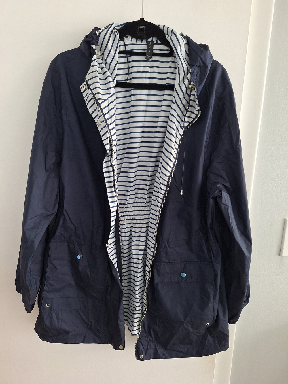 Lane Bryant Navy Hooded Raincoat with Striped Lining, Reversible.